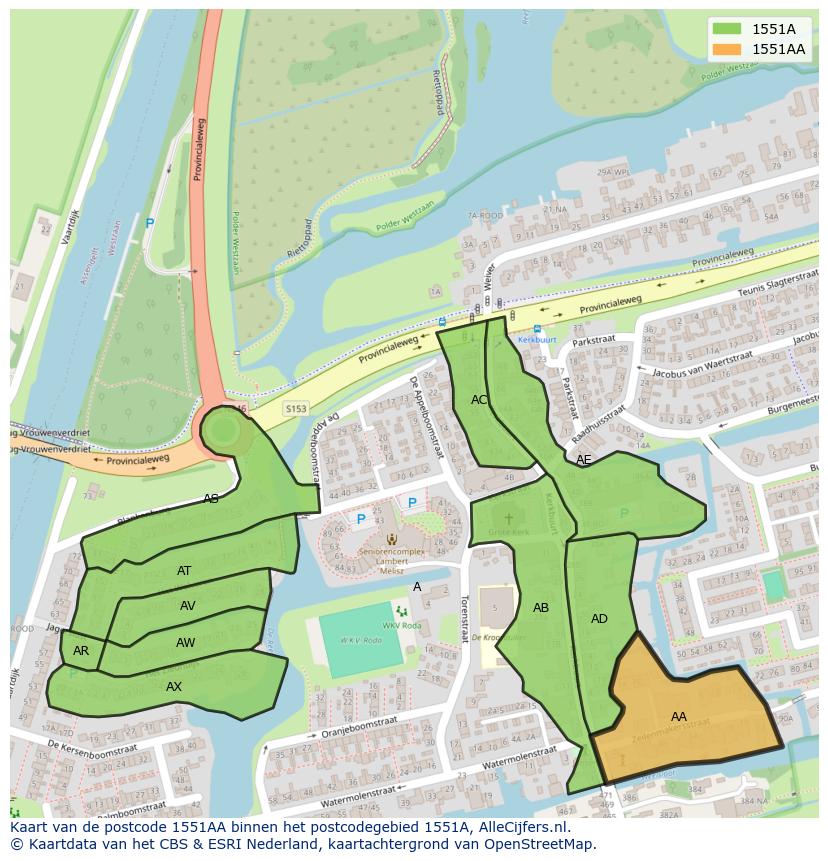 Afbeelding van het postcodegebied 1551 AA op de kaart.