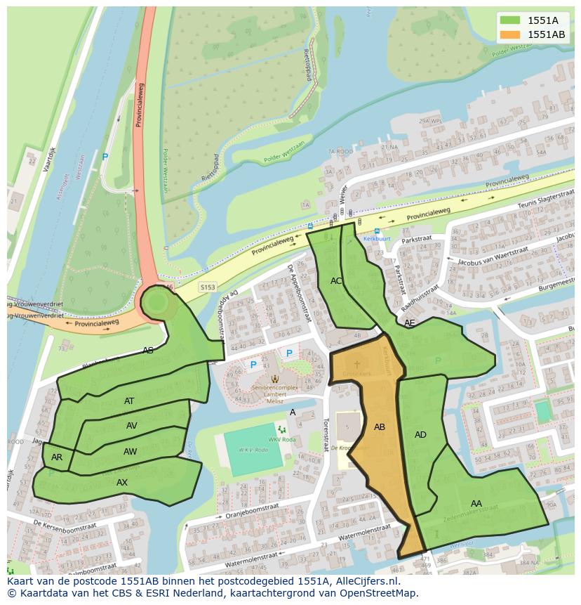 Afbeelding van het postcodegebied 1551 AB op de kaart.