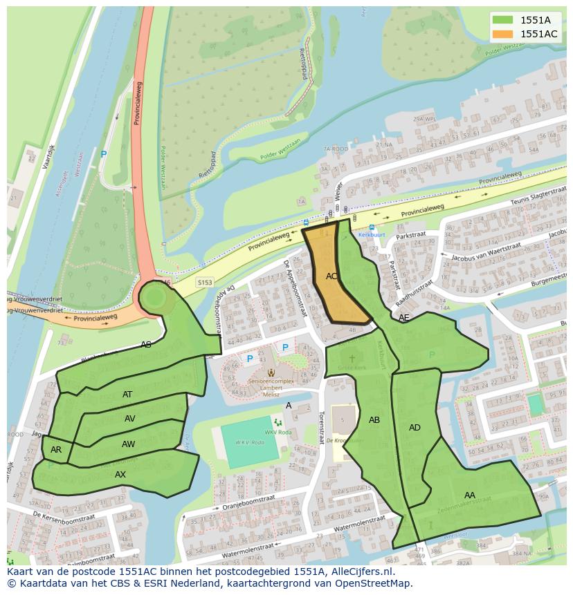 Afbeelding van het postcodegebied 1551 AC op de kaart.