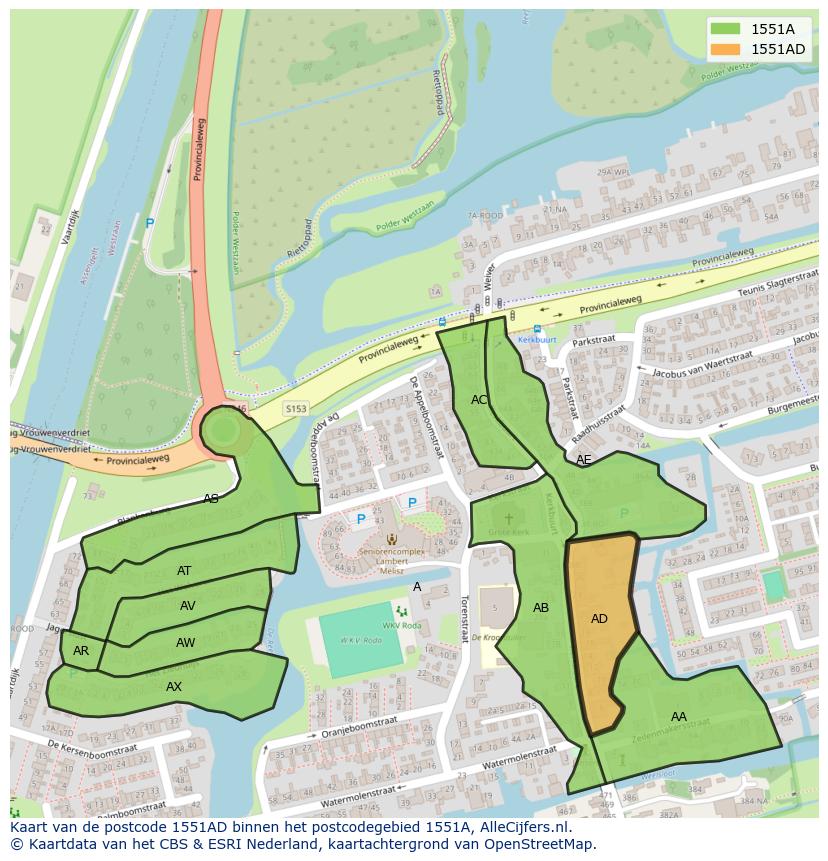 Afbeelding van het postcodegebied 1551 AD op de kaart.