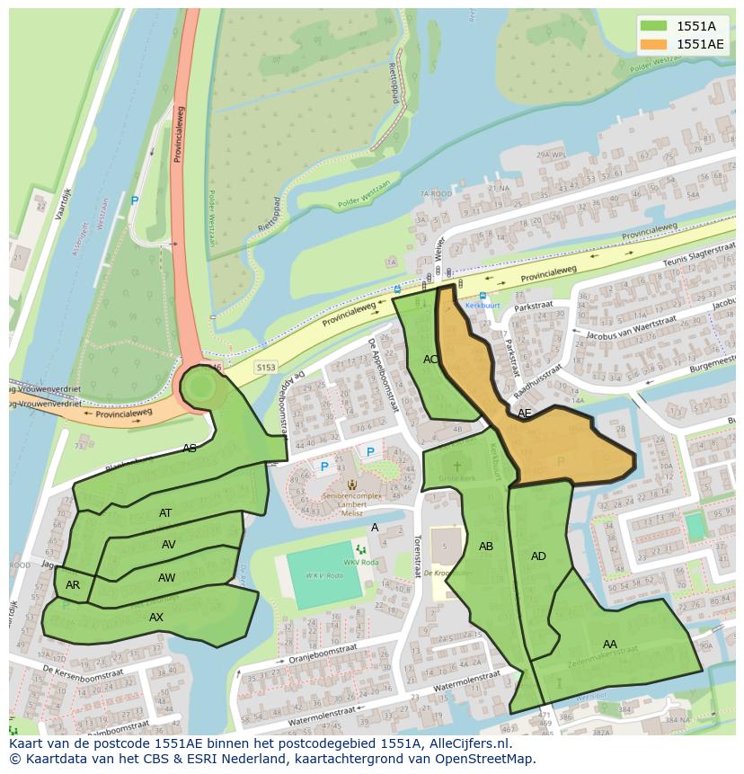 Afbeelding van het postcodegebied 1551 AE op de kaart.