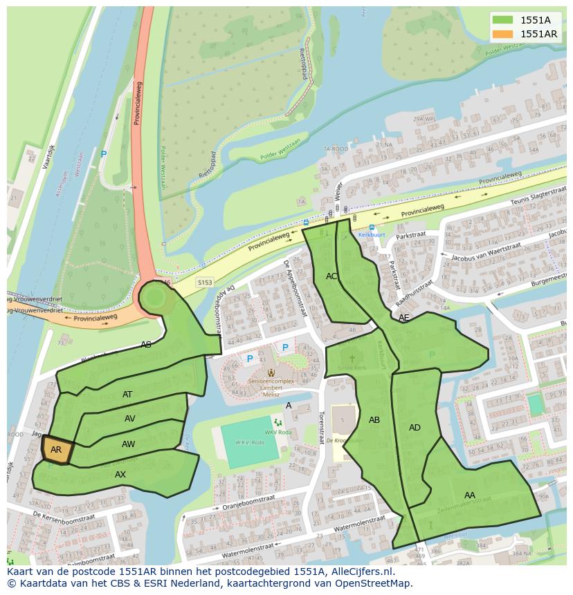 Afbeelding van het postcodegebied 1551 AR op de kaart.