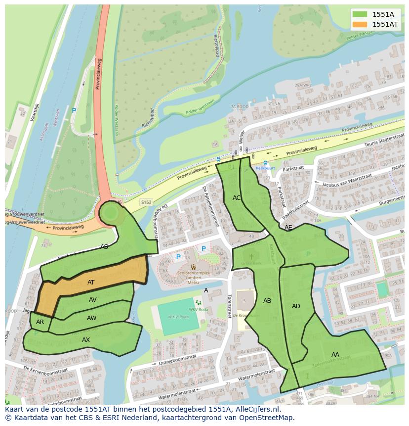 Afbeelding van het postcodegebied 1551 AT op de kaart.