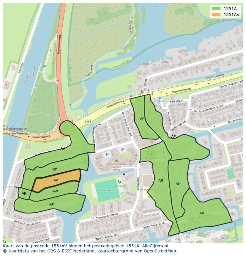 Afbeelding van het postcodegebied 1551 AV op de kaart.
