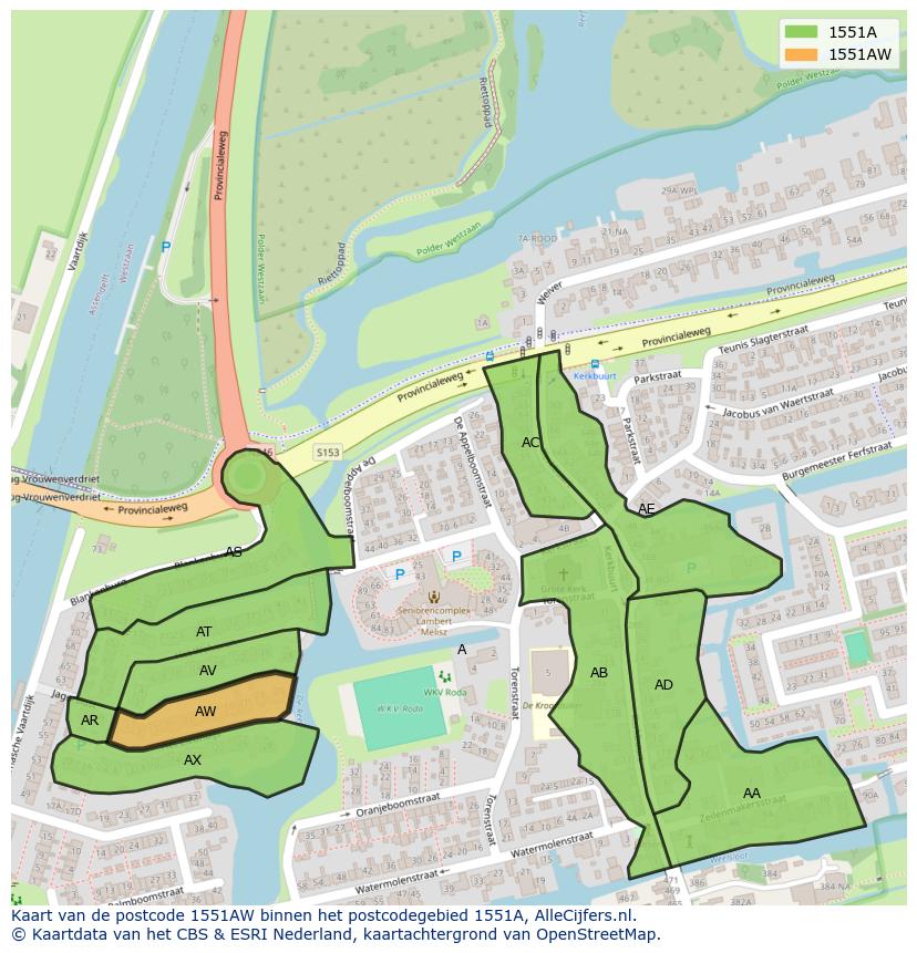 Afbeelding van het postcodegebied 1551 AW op de kaart.