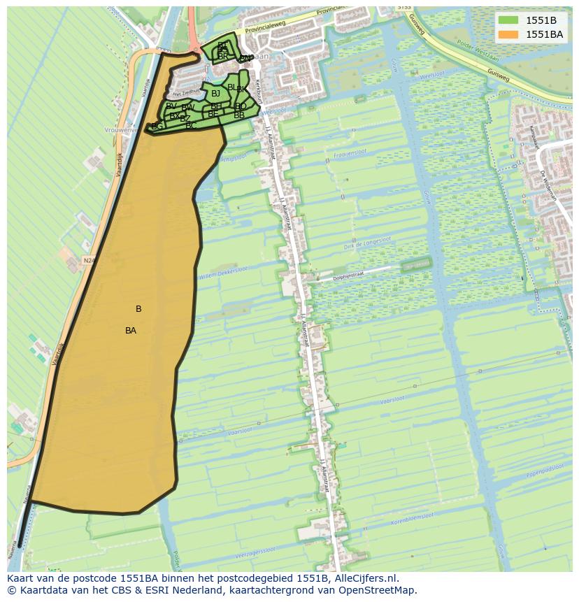 Afbeelding van het postcodegebied 1551 BA op de kaart.