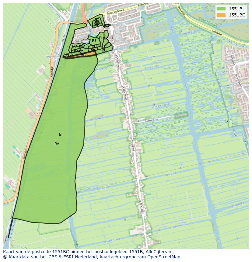 Afbeelding van het postcodegebied 1551 BC op de kaart.