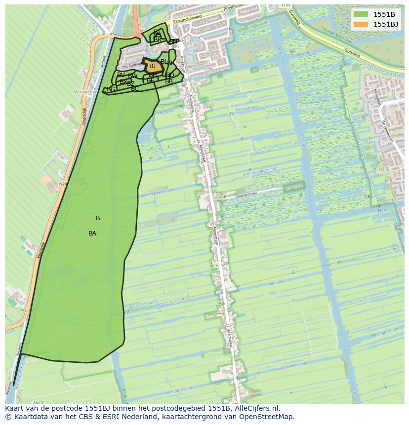 Afbeelding van het postcodegebied 1551 BJ op de kaart.