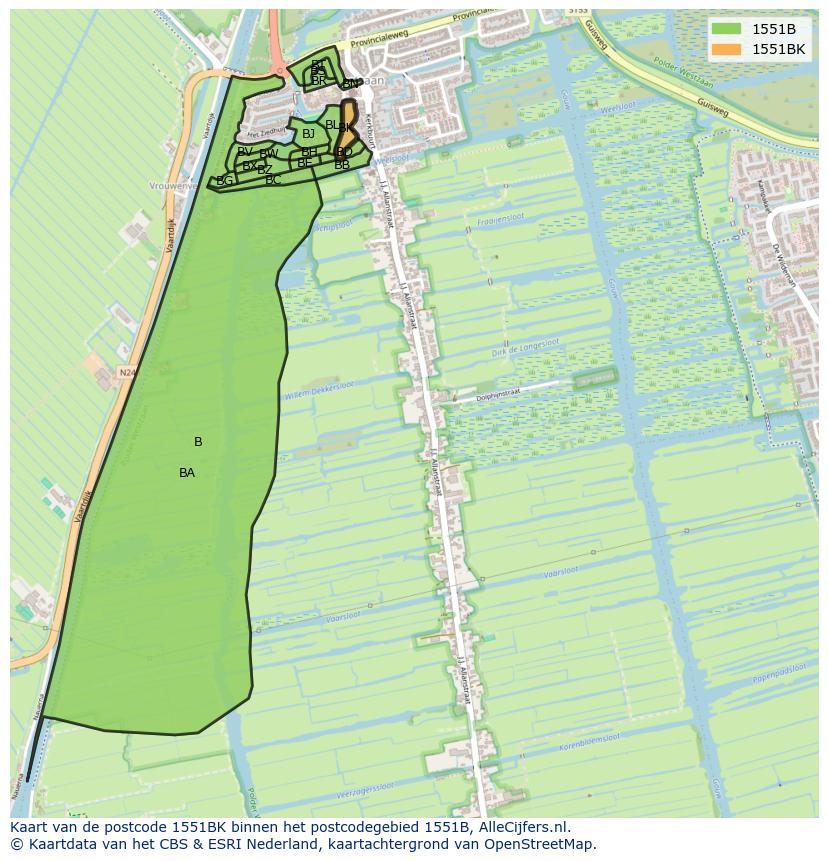 Afbeelding van het postcodegebied 1551 BK op de kaart.