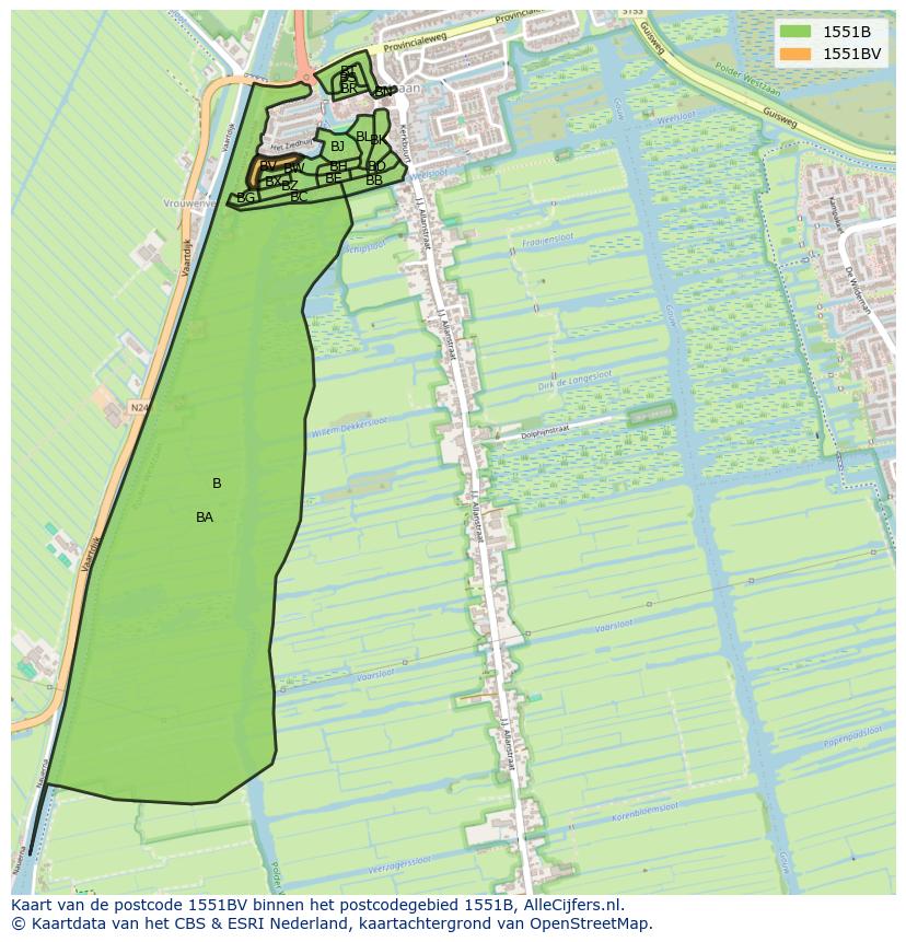 Afbeelding van het postcodegebied 1551 BV op de kaart.
