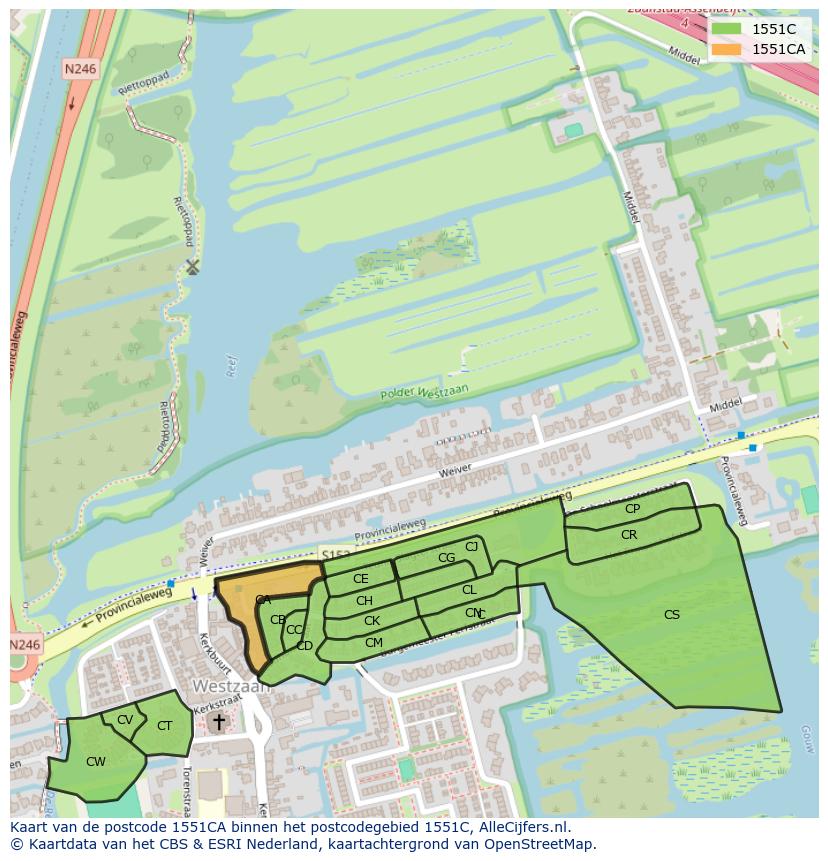 Afbeelding van het postcodegebied 1551 CA op de kaart.