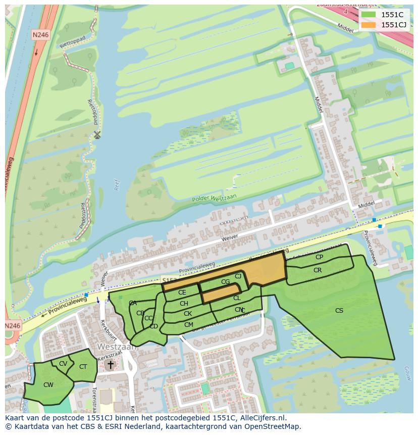 Afbeelding van het postcodegebied 1551 CJ op de kaart.