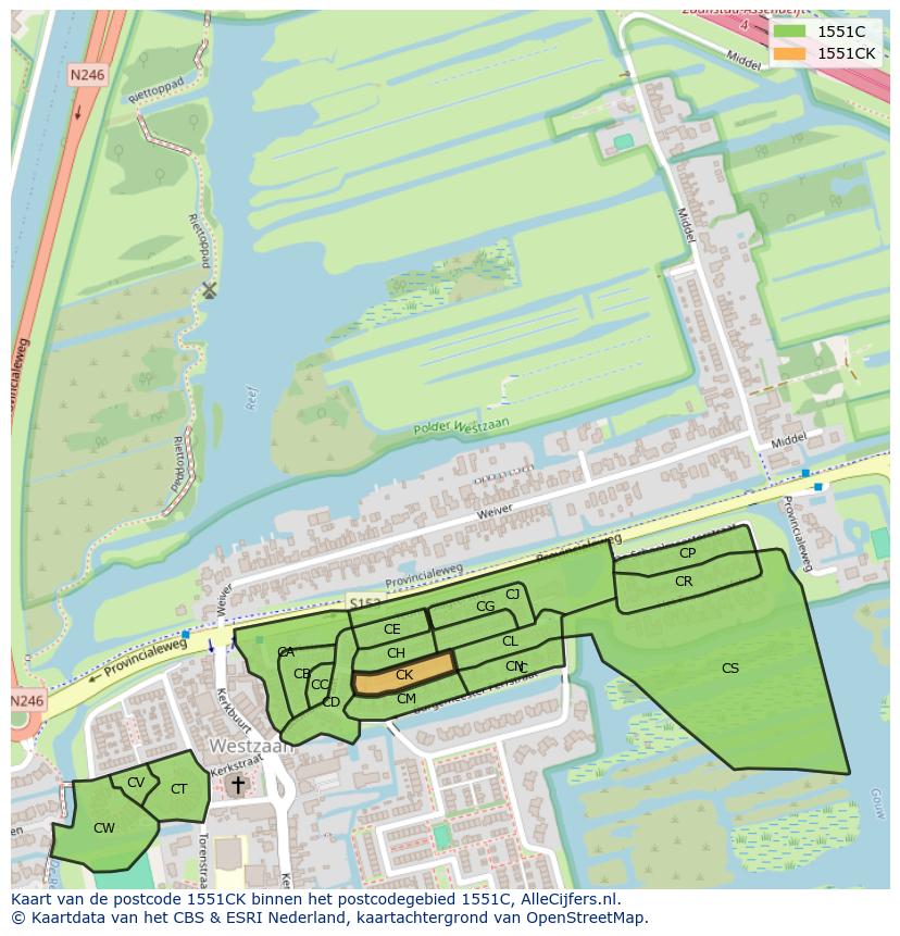 Afbeelding van het postcodegebied 1551 CK op de kaart.