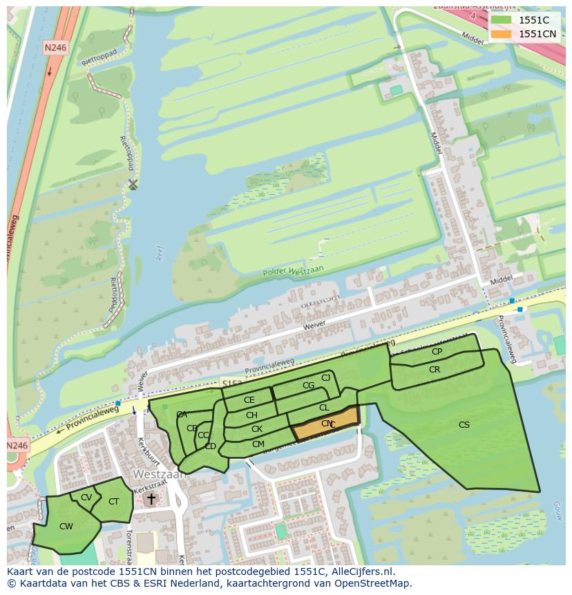 Afbeelding van het postcodegebied 1551 CN op de kaart.