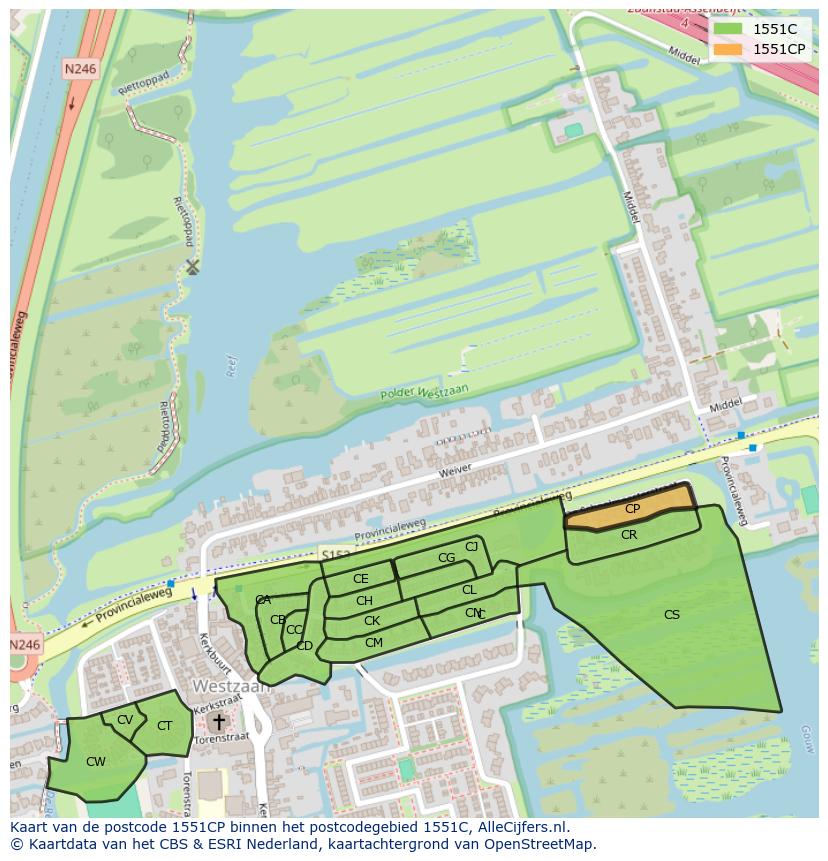 Afbeelding van het postcodegebied 1551 CP op de kaart.