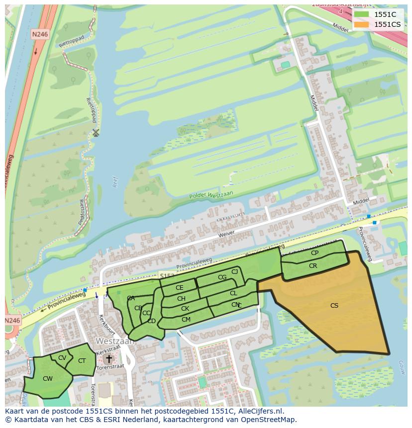 Afbeelding van het postcodegebied 1551 CS op de kaart.