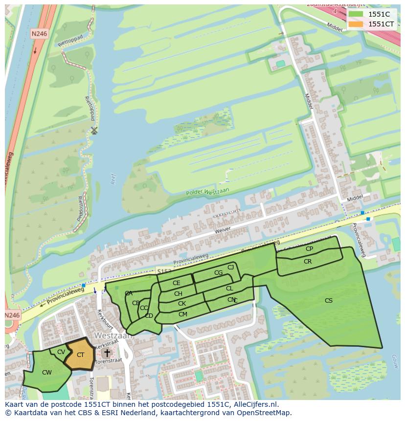 Afbeelding van het postcodegebied 1551 CT op de kaart.