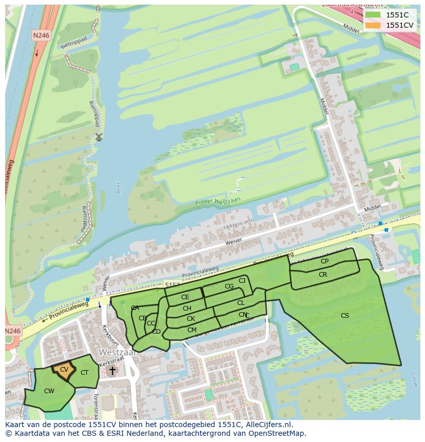 Afbeelding van het postcodegebied 1551 CV op de kaart.