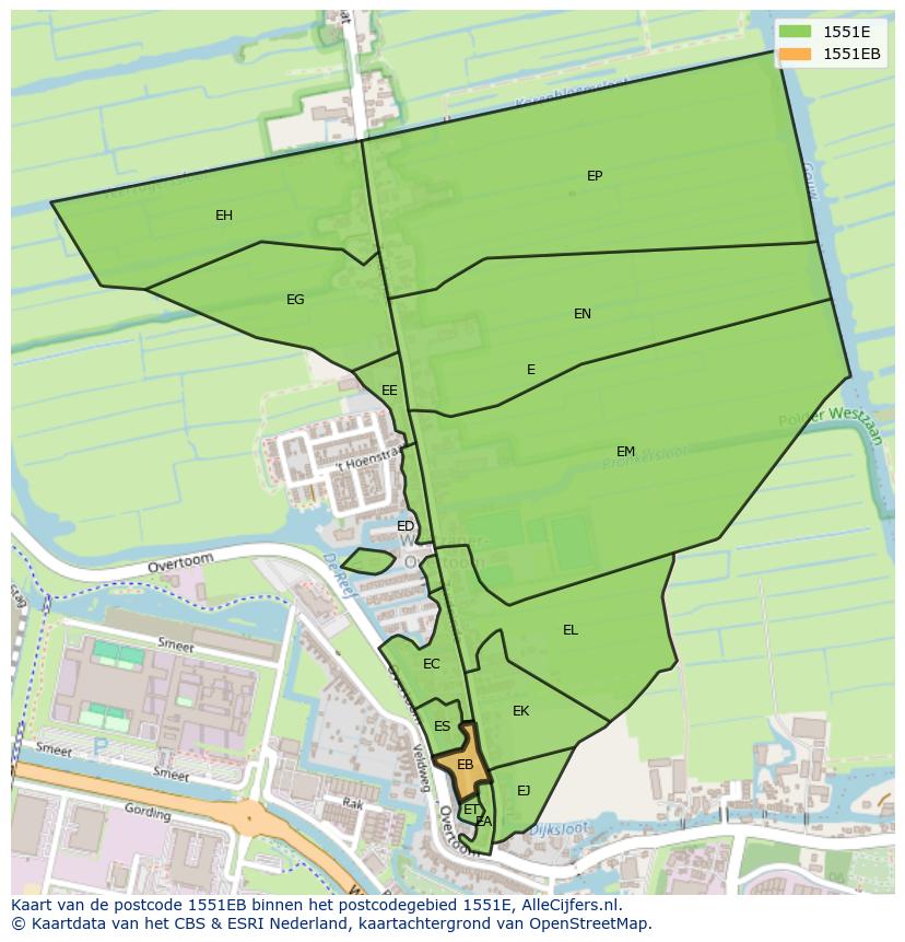 Afbeelding van het postcodegebied 1551 EB op de kaart.