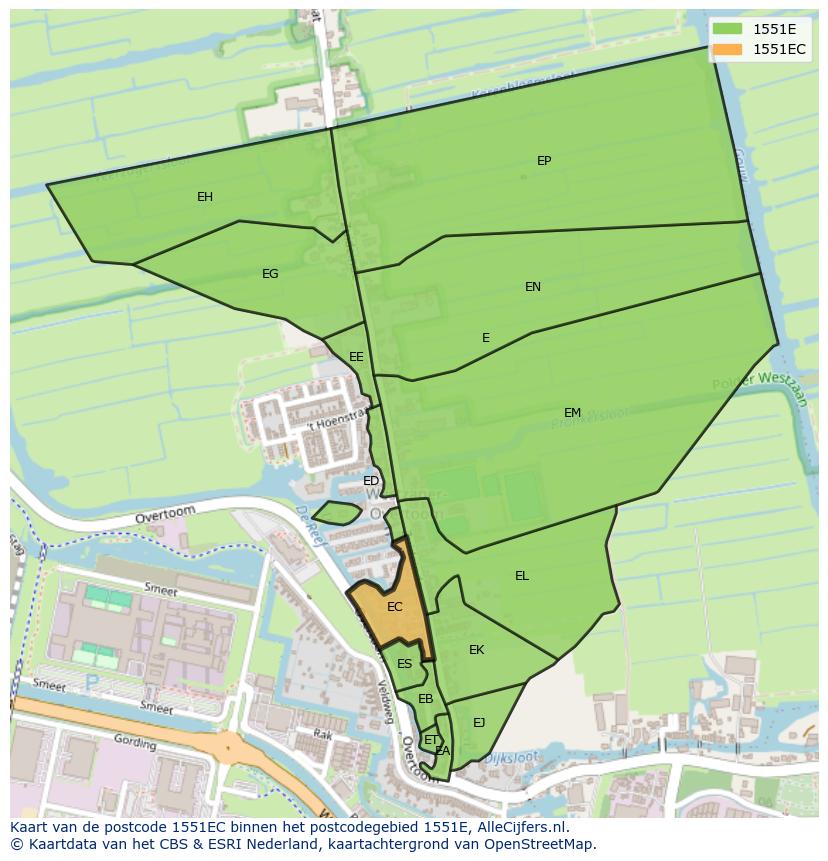 Afbeelding van het postcodegebied 1551 EC op de kaart.
