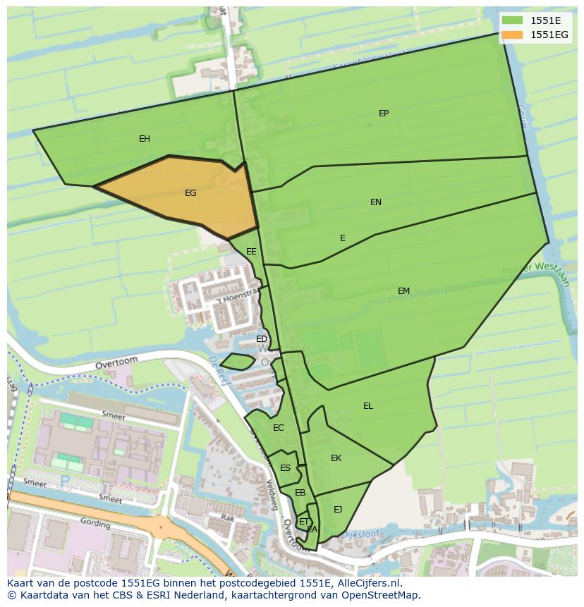 Afbeelding van het postcodegebied 1551 EG op de kaart.
