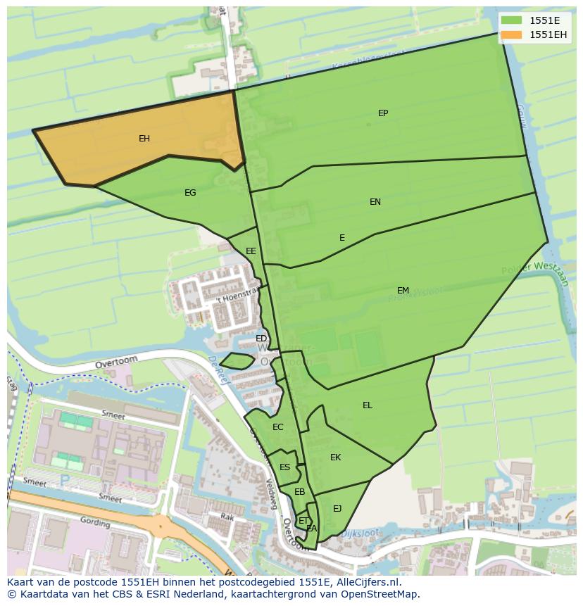 Afbeelding van het postcodegebied 1551 EH op de kaart.