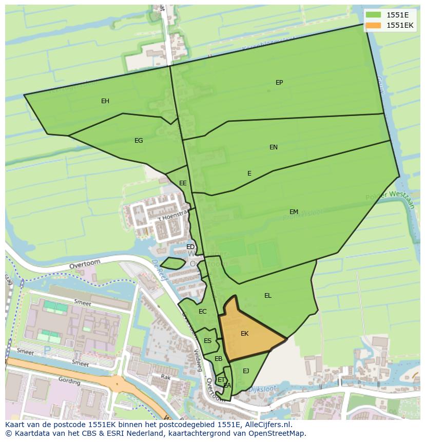 Afbeelding van het postcodegebied 1551 EK op de kaart.