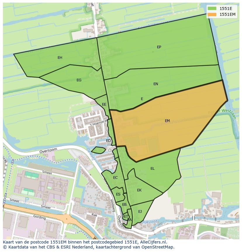 Afbeelding van het postcodegebied 1551 EM op de kaart.