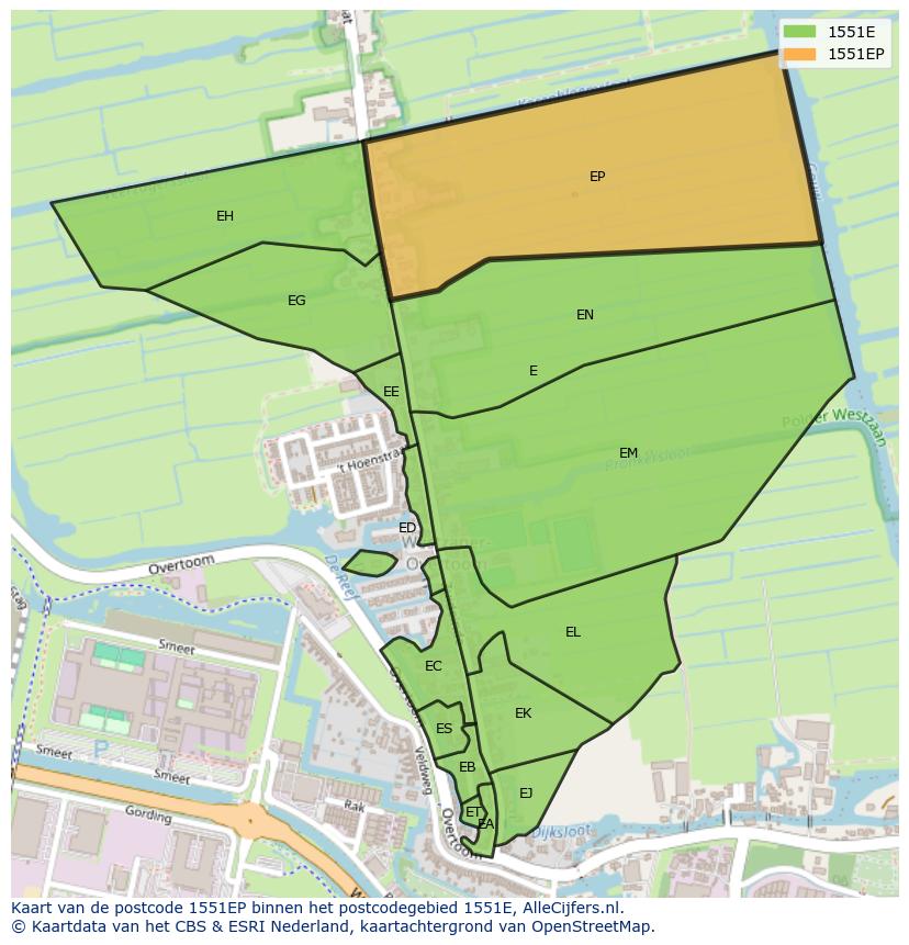 Afbeelding van het postcodegebied 1551 EP op de kaart.