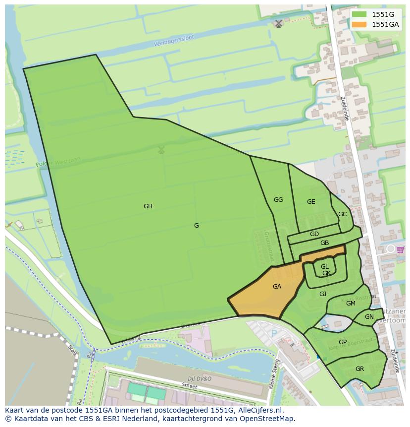 Afbeelding van het postcodegebied 1551 GA op de kaart.