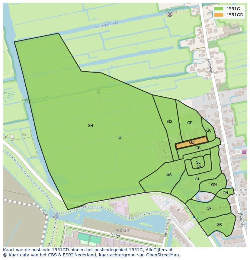 Afbeelding van het postcodegebied 1551 GD op de kaart.