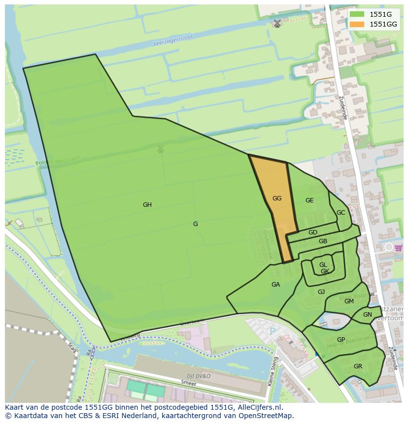 Afbeelding van het postcodegebied 1551 GG op de kaart.