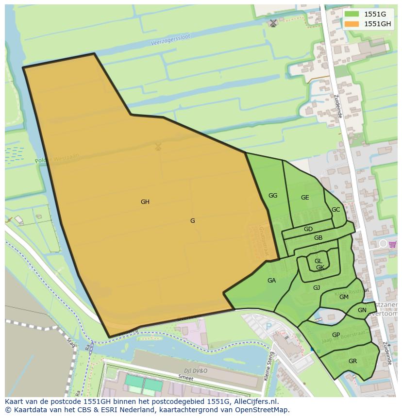Afbeelding van het postcodegebied 1551 GH op de kaart.