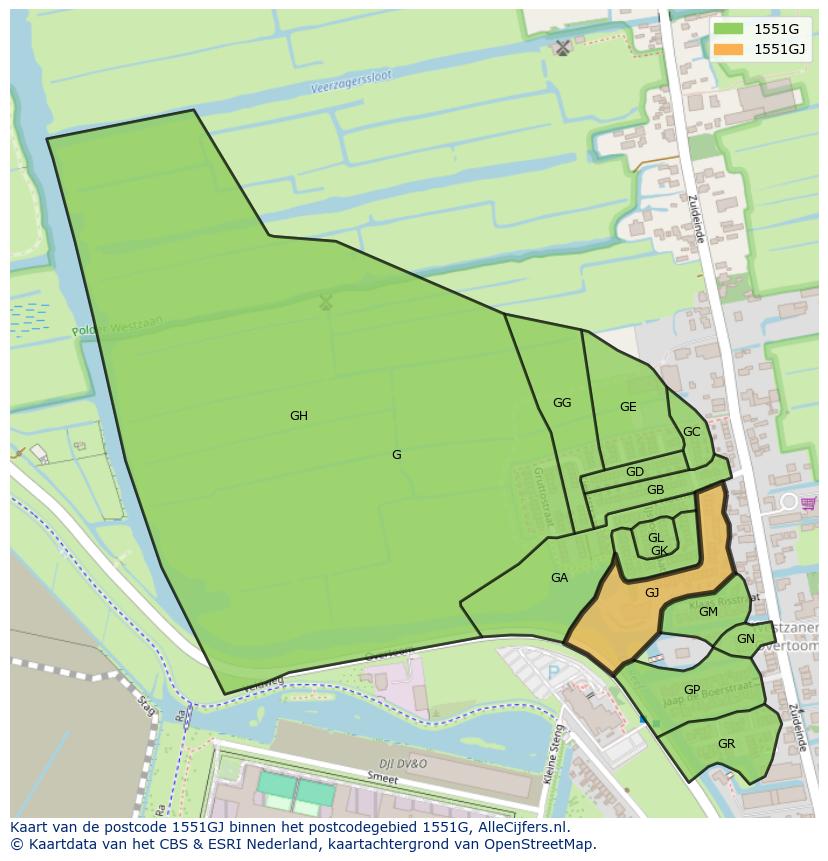 Afbeelding van het postcodegebied 1551 GJ op de kaart.