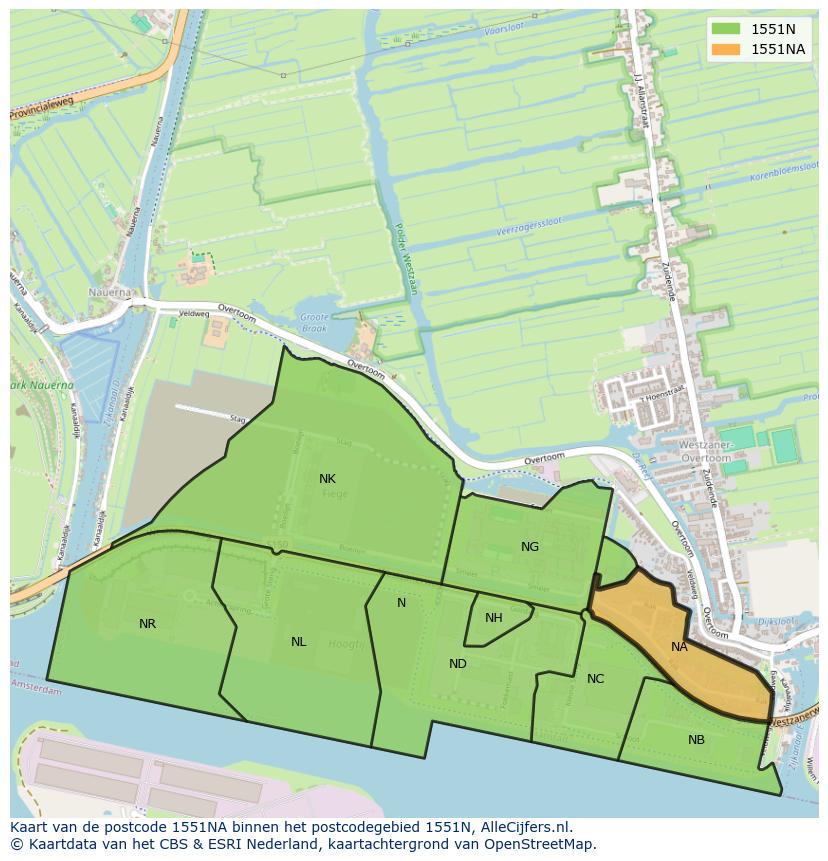 Afbeelding van het postcodegebied 1551 NA op de kaart.