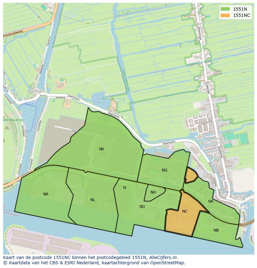 Afbeelding van het postcodegebied 1551 NC op de kaart.