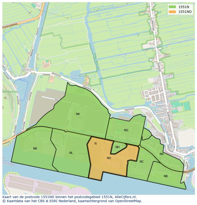Afbeelding van het postcodegebied 1551 ND op de kaart.