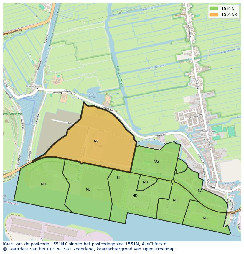 Afbeelding van het postcodegebied 1551 NK op de kaart.