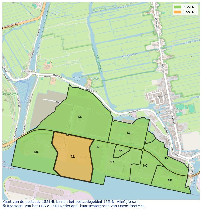 Afbeelding van het postcodegebied 1551 NL op de kaart.