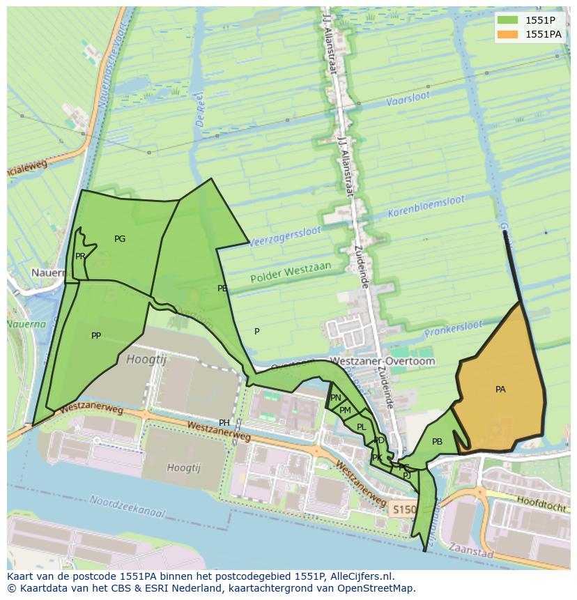 Afbeelding van het postcodegebied 1551 PA op de kaart.
