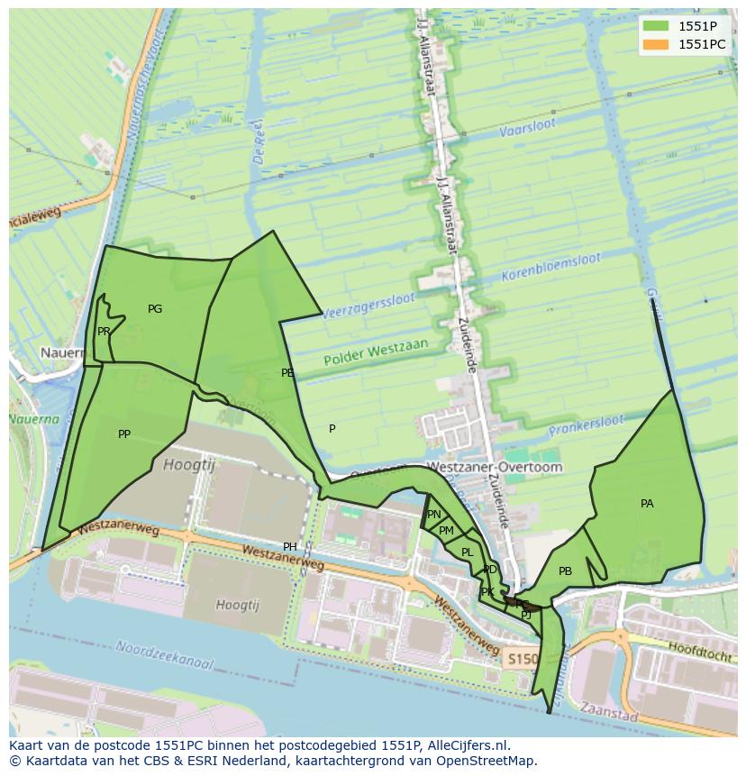 Afbeelding van het postcodegebied 1551 PC op de kaart.