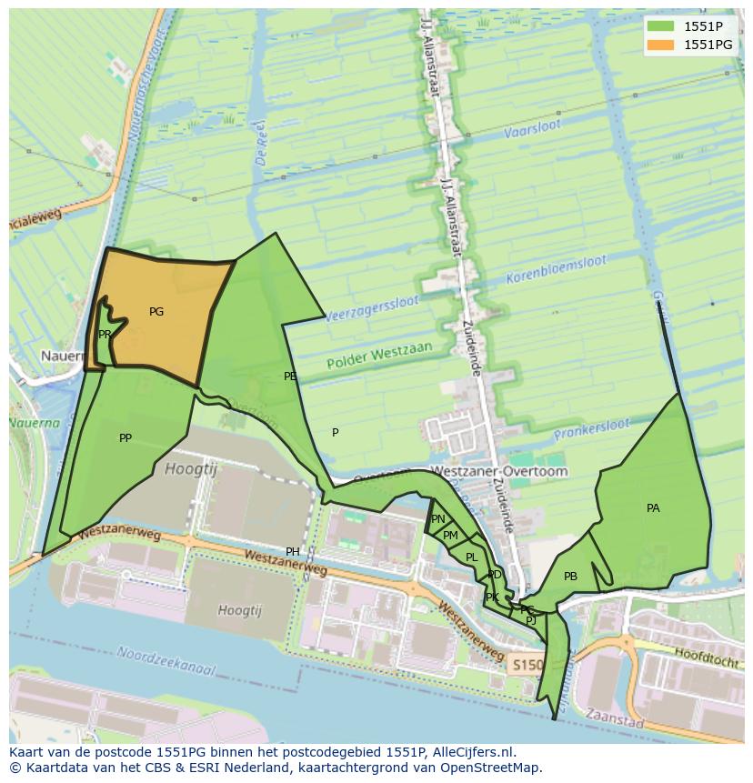 Afbeelding van het postcodegebied 1551 PG op de kaart.