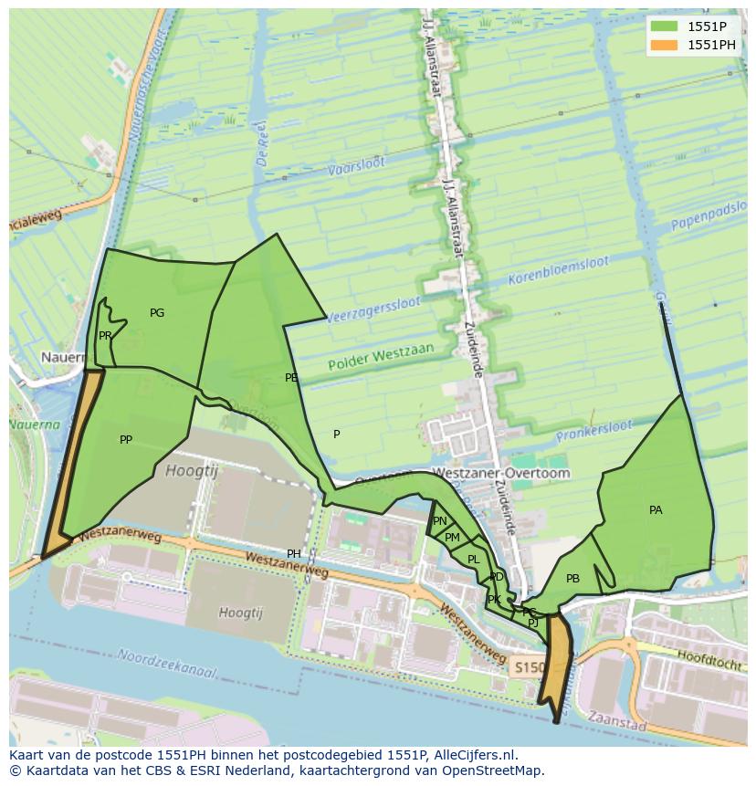 Afbeelding van het postcodegebied 1551 PH op de kaart.