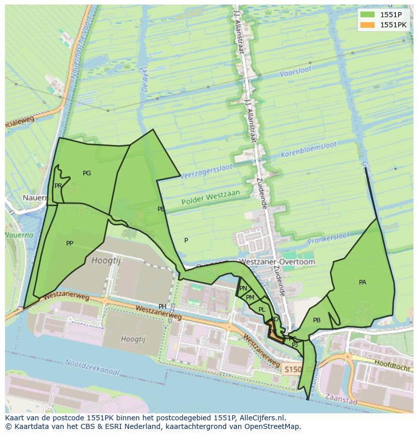 Afbeelding van het postcodegebied 1551 PK op de kaart.