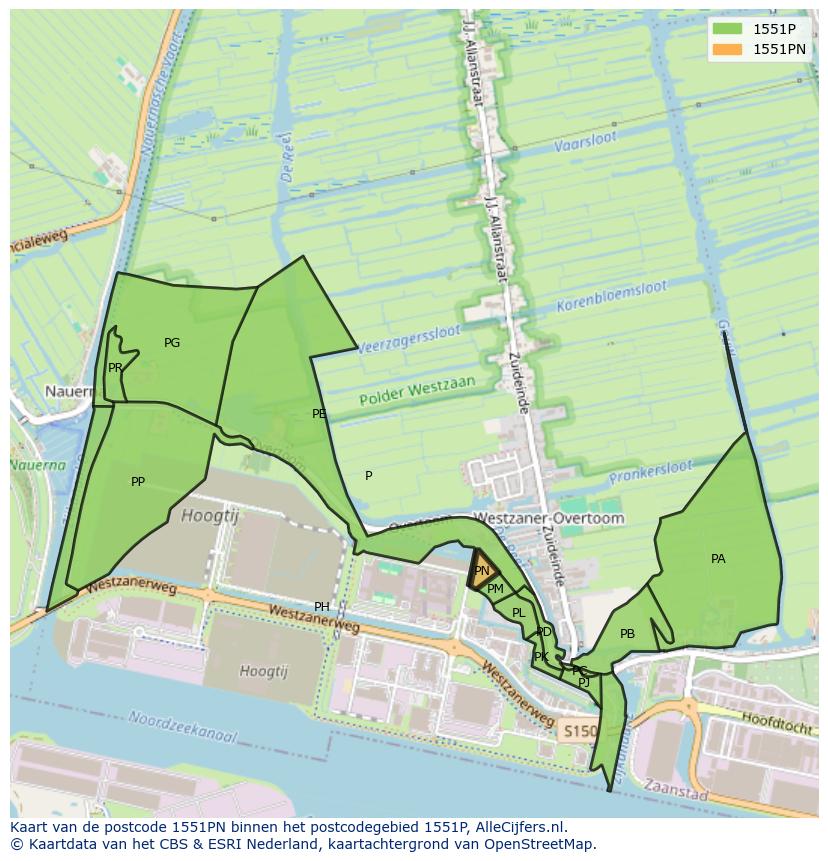 Afbeelding van het postcodegebied 1551 PN op de kaart.