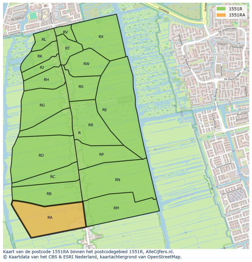 Afbeelding van het postcodegebied 1551 RA op de kaart.