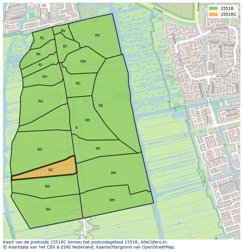 Afbeelding van het postcodegebied 1551 RC op de kaart.
