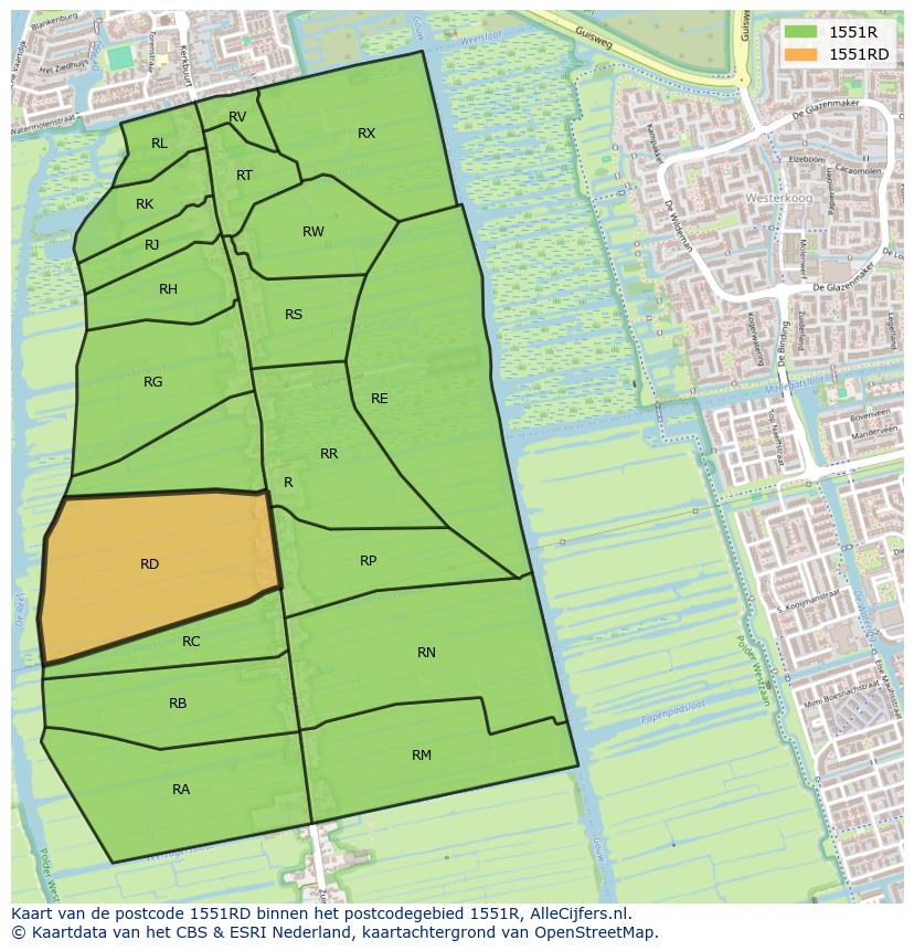 Afbeelding van het postcodegebied 1551 RD op de kaart.