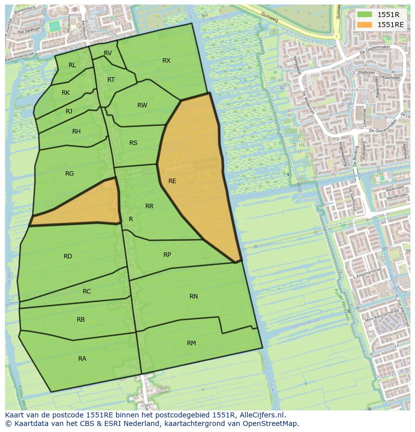 Afbeelding van het postcodegebied 1551 RE op de kaart.