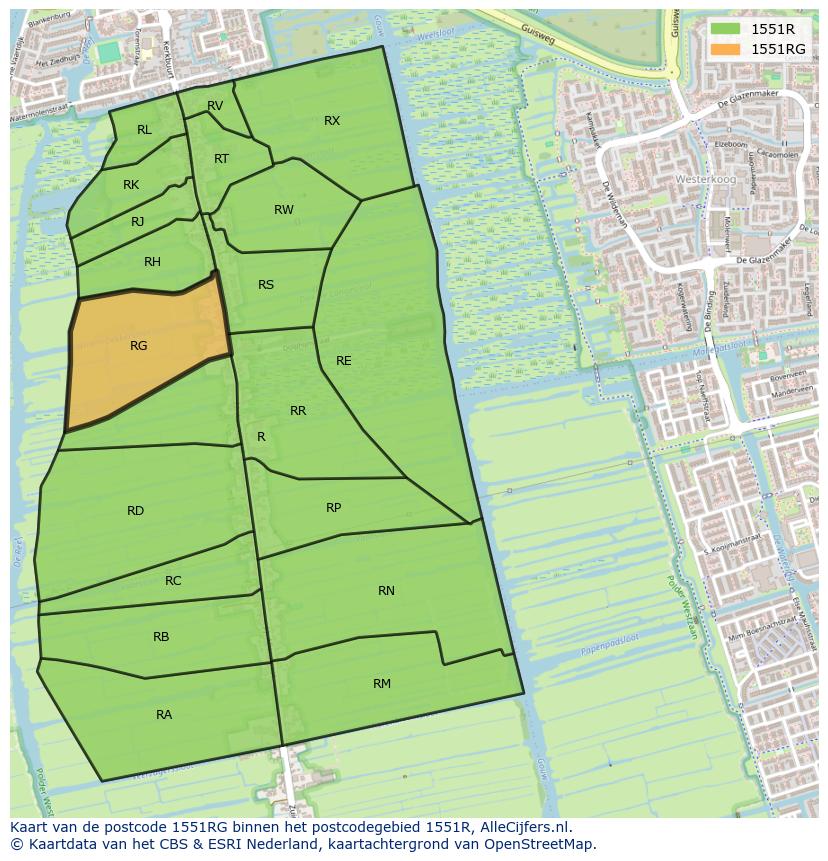 Afbeelding van het postcodegebied 1551 RG op de kaart.